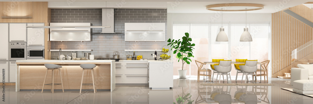 Modern house interior kitchen with living room design. 3D Render	