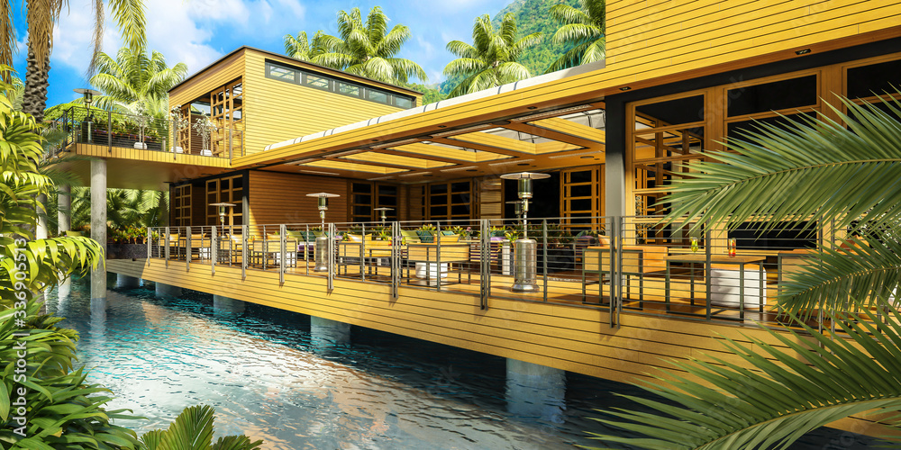 度假村露台餐厅区-全景三维建筑可视化