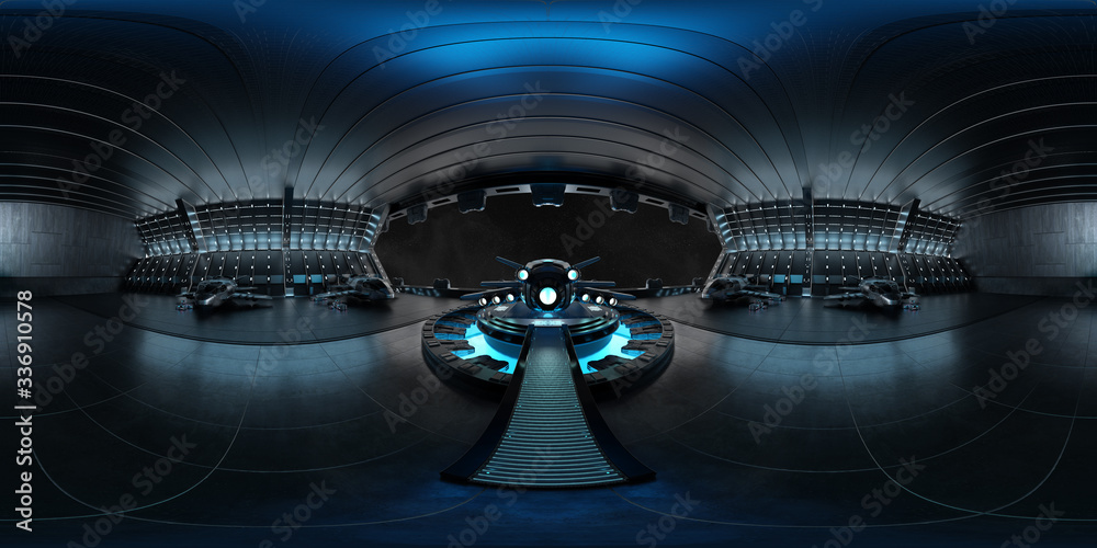 High resolution HDRI view of a dark blue futuristic landing strip spaceship interior. 360 panorama r