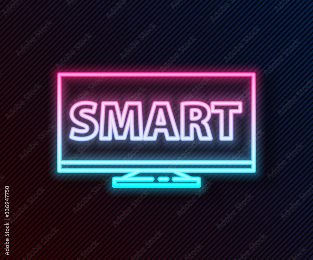 Glowing neon line Screen tv with Smart video technology icon isolated on black background. Vector Il