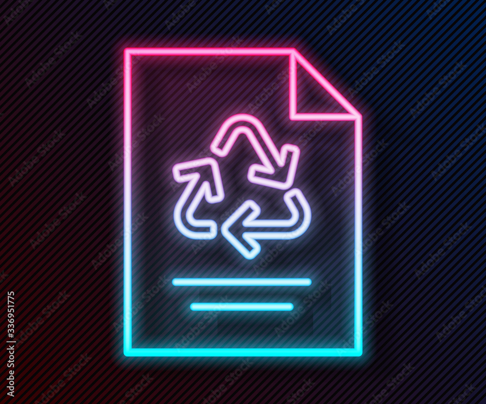 Glowing neon line Paper with recycle icon isolated on black background. Vector Illustration