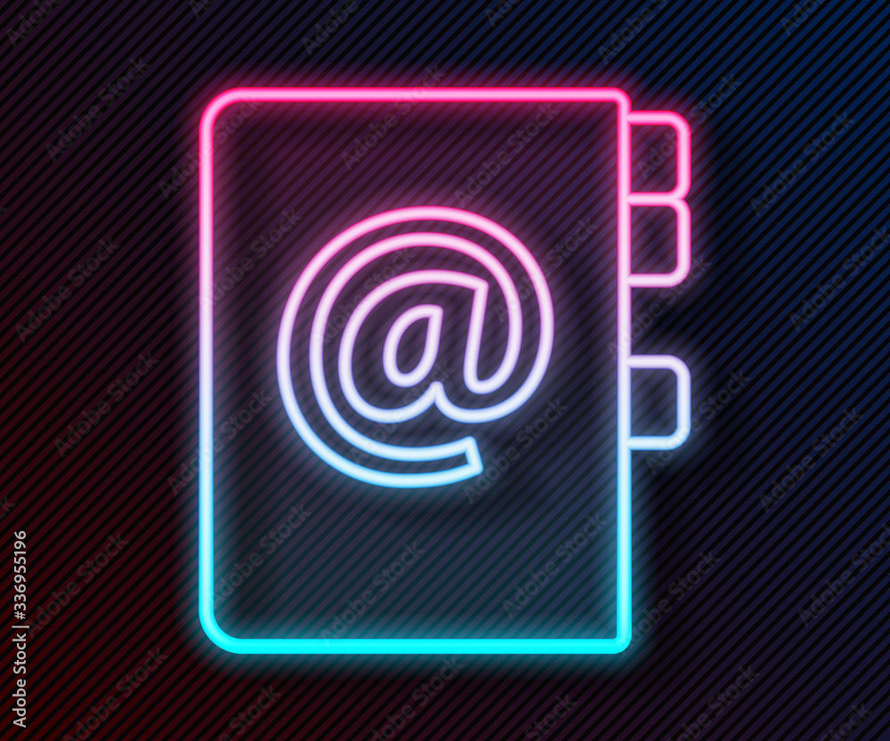 Glowing neon line Address book icon isolated on black background. Notebook, address, contact, direct