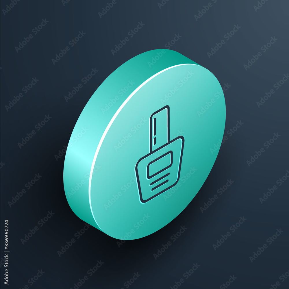Isometric line Nail polish bottle icon isolated on black background. Turquoise circle button. Vector