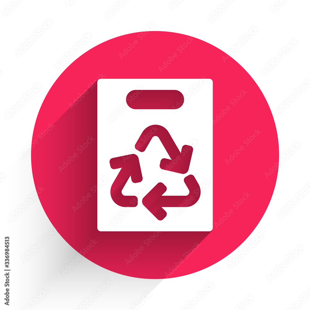 White Paper shopping bag with recycle icon isolated with long shadow. Bag with recycling symbol. Red
