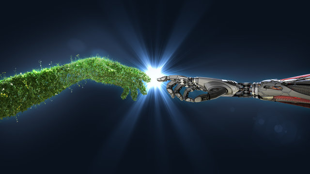 Green technology conceptual design, human arm covered with grass and lush and robotic hand, 3d render.