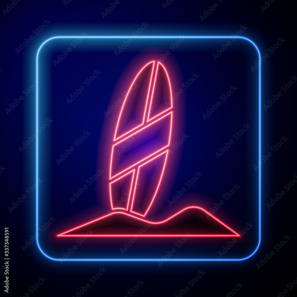 Glowing neon Surfboard icon isolated on blue background. Surfing board. Extreme sport. Sport equipme