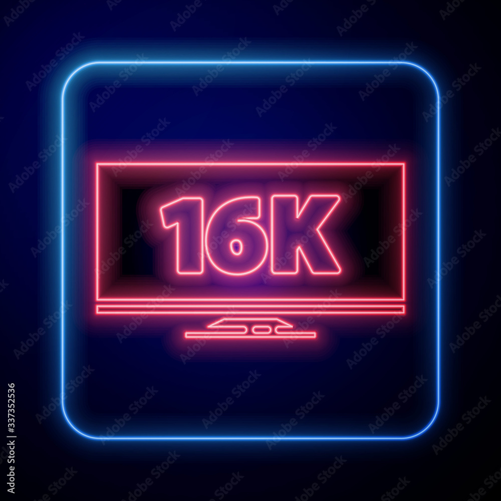 Glowing neon Screen tv with 16k Ultra HD video technology icon isolated on blue background. Vector I