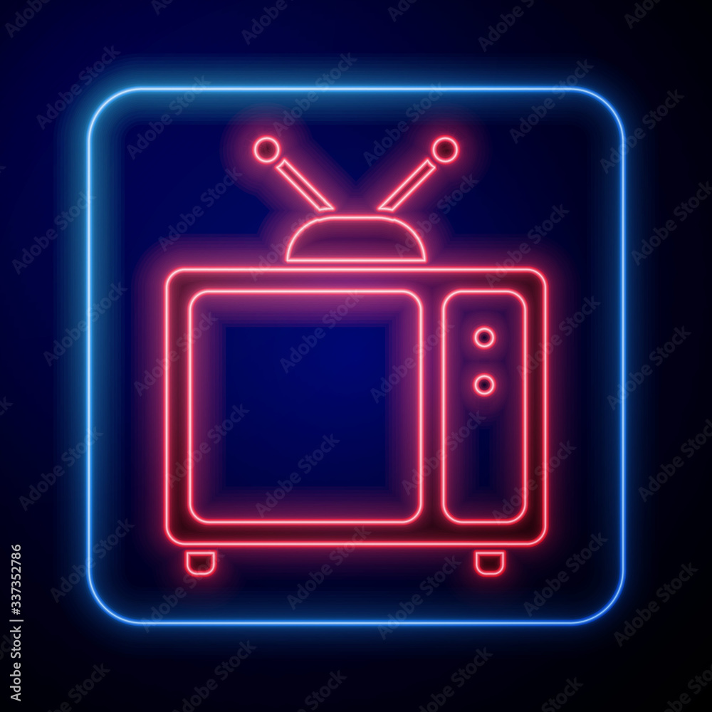 蓝色背景上隔离的霓虹灯复古电视图标。电视标志。矢量插图