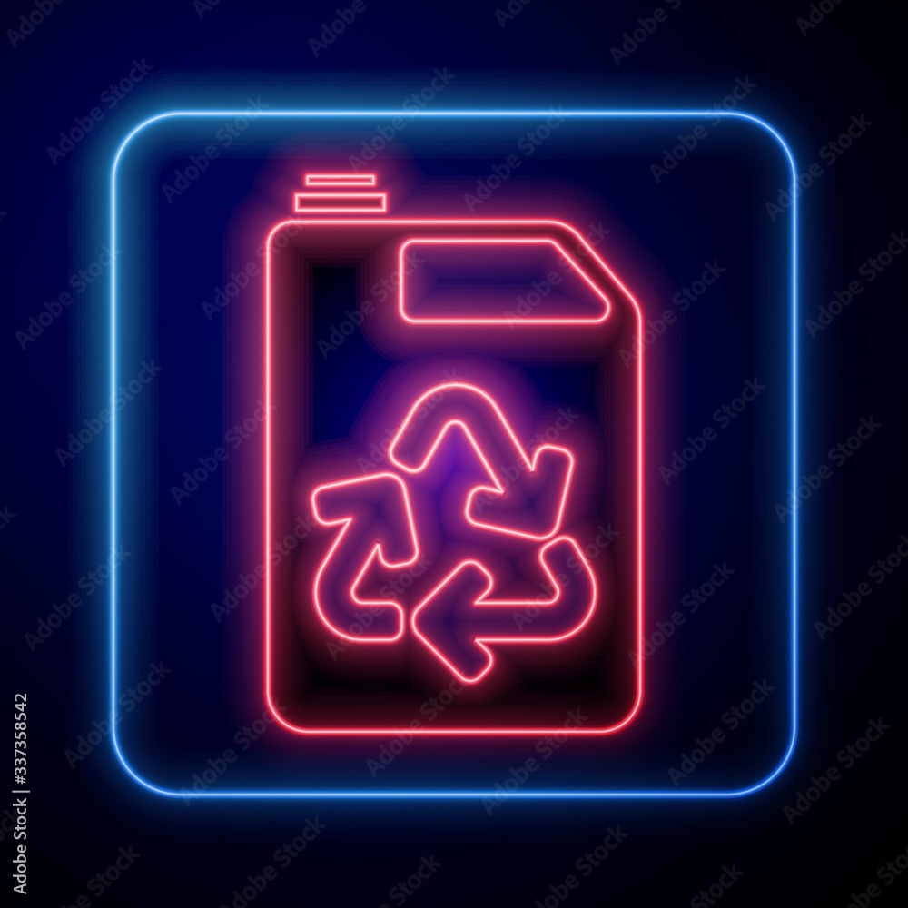 Glowing neon Eco fuel canister icon isolated on blue background. Eco bio and barrel. Green environme