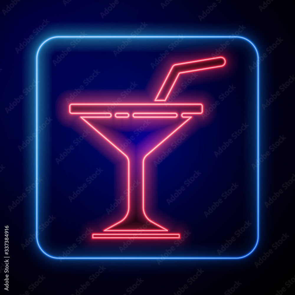 蓝色背景上的霓虹马提尼玻璃图标。鸡尾酒图标。酒杯图标。矢量