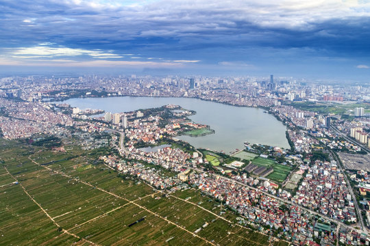 Aerial view of Ha Noi city, Vietnam. West lake from above