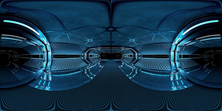 黑暗飞船内部的高分辨率HDRI全景图。360全景反射映射