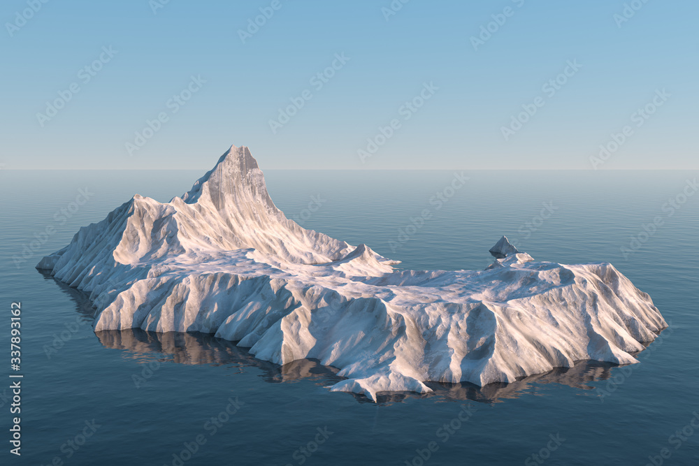 海上雪山岛，3d渲染。