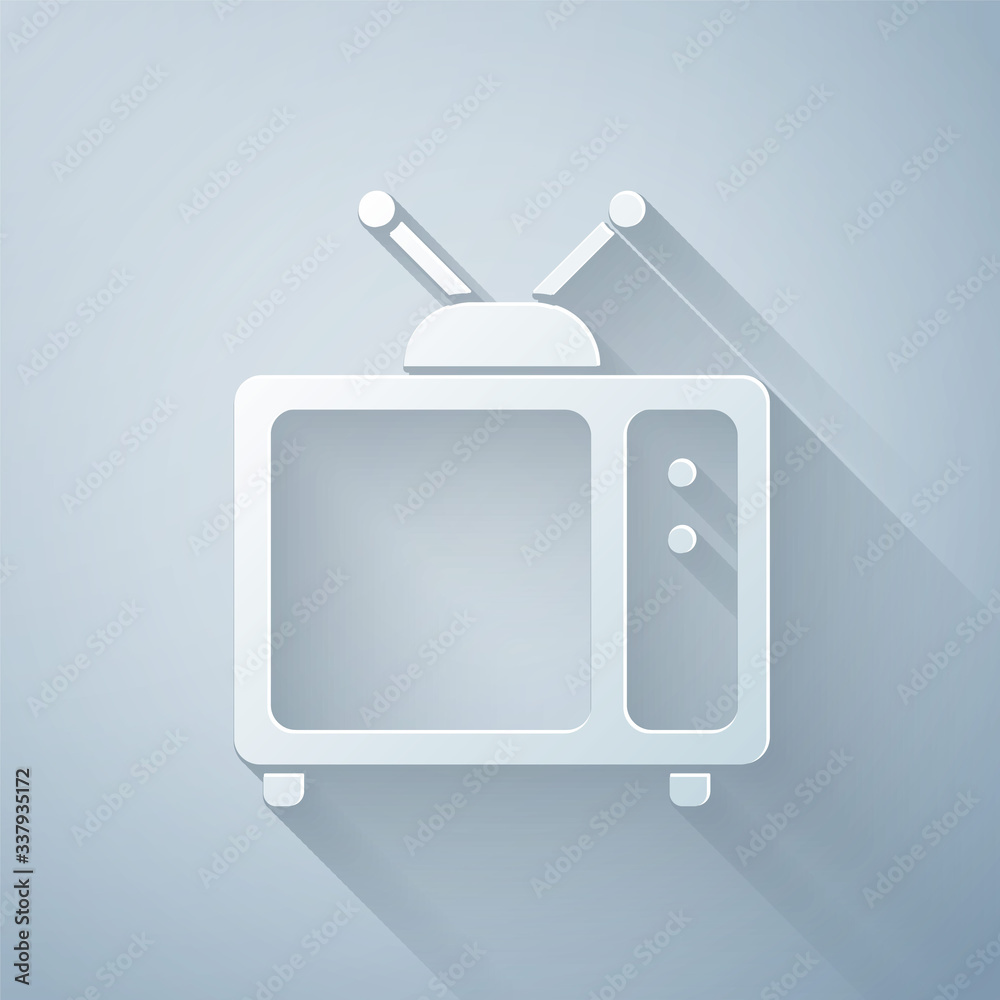 剪纸复古电视图标隔离在灰色背景上。电视标志。纸艺风格。矢量照明
