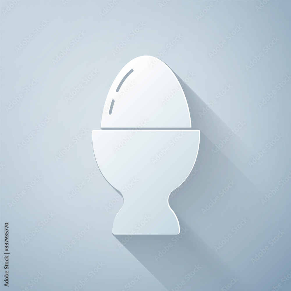 Paper cut Easter egg on a stand icon isolated on grey background. Happy Easter. Paper art style. Vec