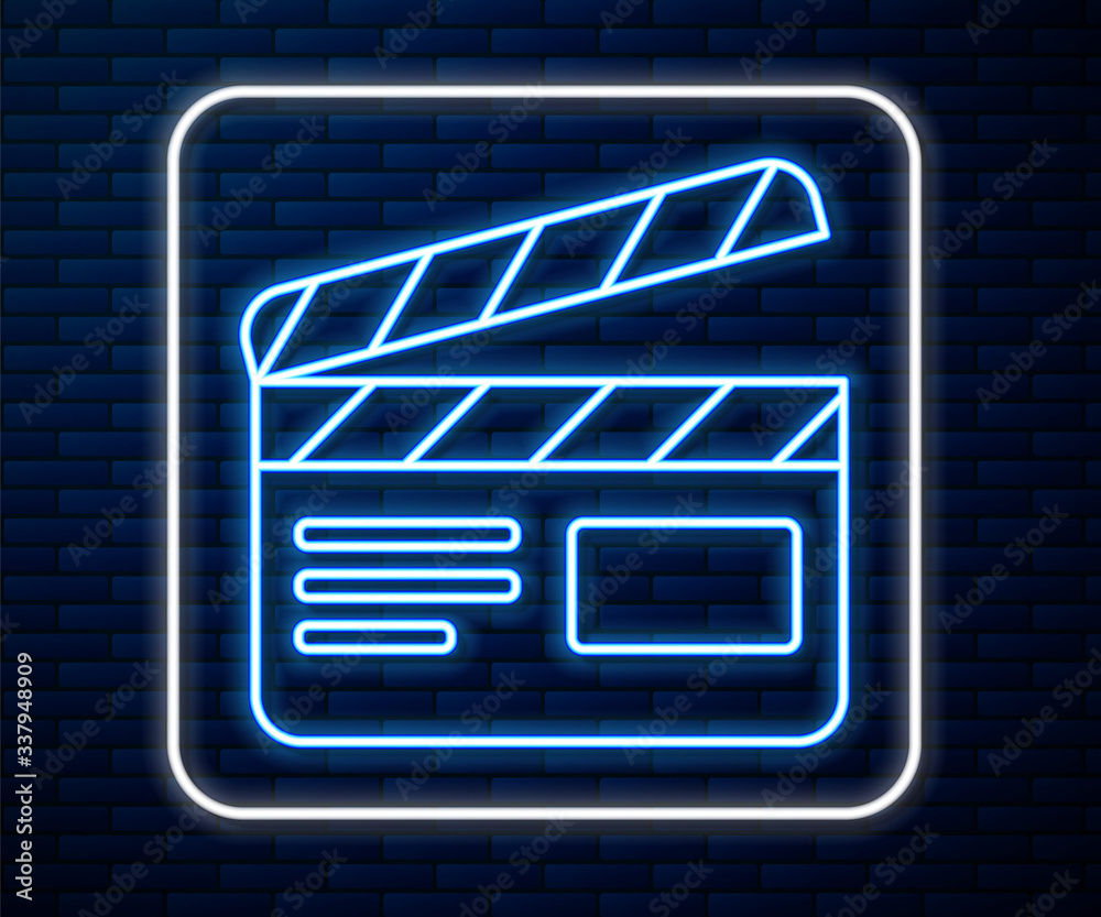 Glowing neon line Movie clapper icon isolated on brick wall background. Film clapper board. Clapperb