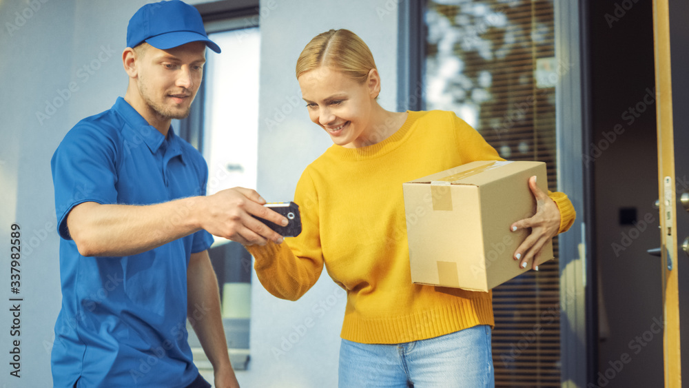 Beautiful Young Woman Meets Delivery Man who Gives Her Cardboard Box Package, She Signs Electronic S
