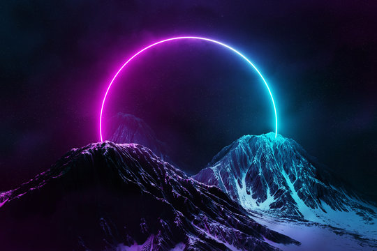 抽象背景，蓝色和粉色霓虹灯圆圈反射在雪山上3D渲染