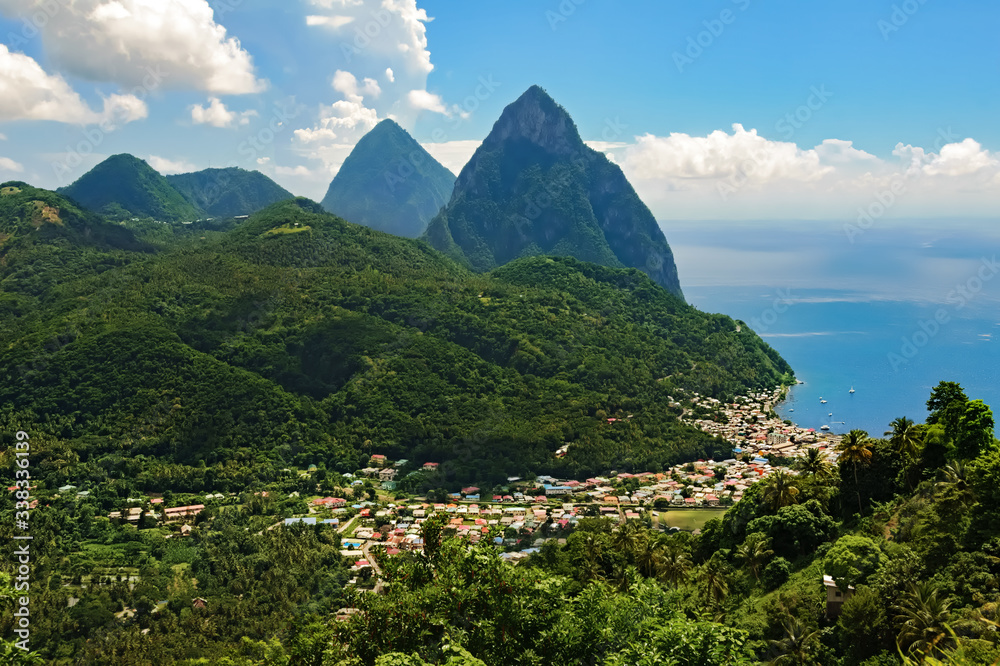 Beautiful above view of tropical beach, sea and mountain landscape, Santa Lucia island, Caribbean
