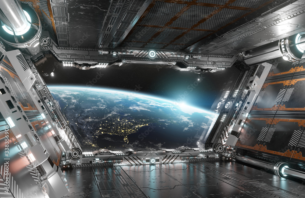 白色和银色的未来宇宙飞船内部，地球上的窗户视图3d渲染