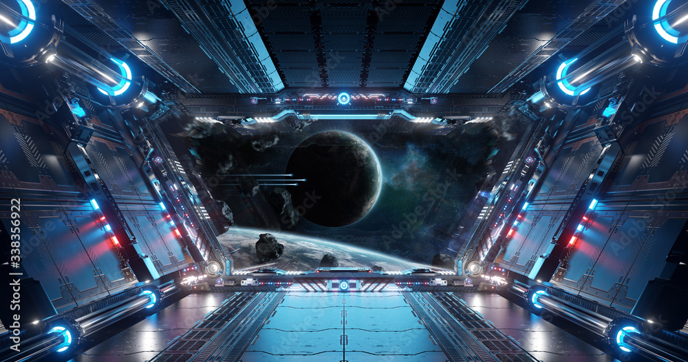 蓝色和红色的未来太空船内部，行星上的窗户视图三维渲染