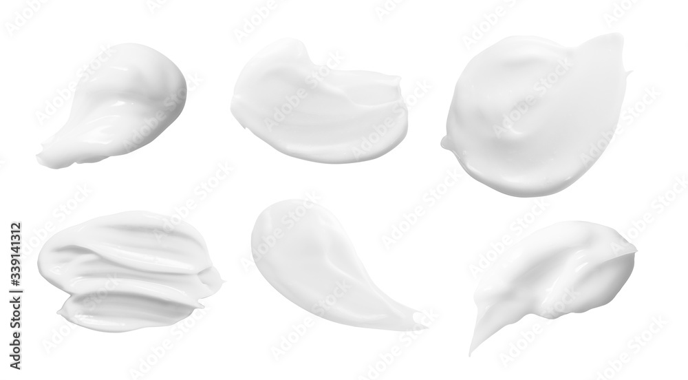 白色美容霜，乳液涂抹套装。在白色背景上分离的化妆品奶油样本。皮肤ca