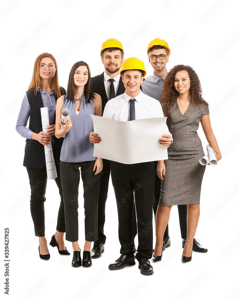 Group of young architects on white background