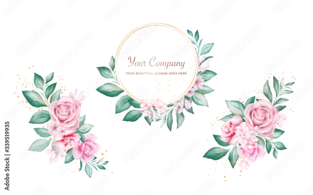 一套水彩相框和花束，用于徽标或卡片构图。植物装饰插图