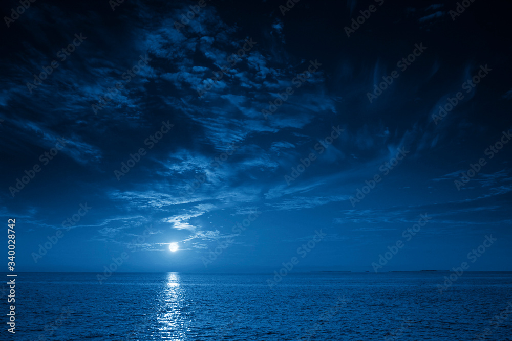 This photo illustration of a deep blue moonlit ocean and sky at night  would make a great travel bac