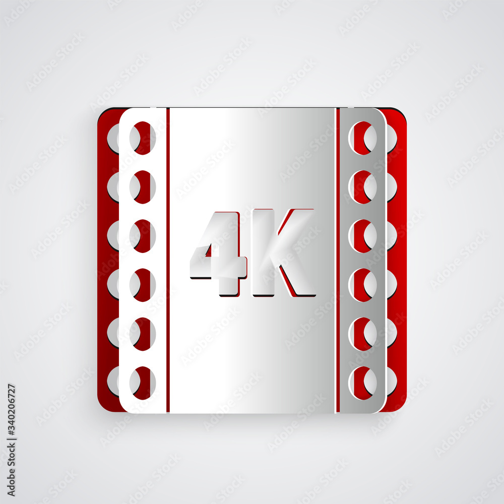 Paper cut 4k movie, tape, frame icon isolated on grey background. Paper art style. Vector Illustrati