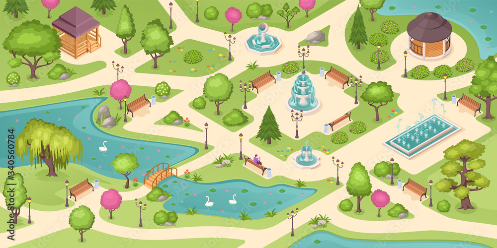 City park summer, isometric vector background with trees, lawns and fountains. Empty urban city park