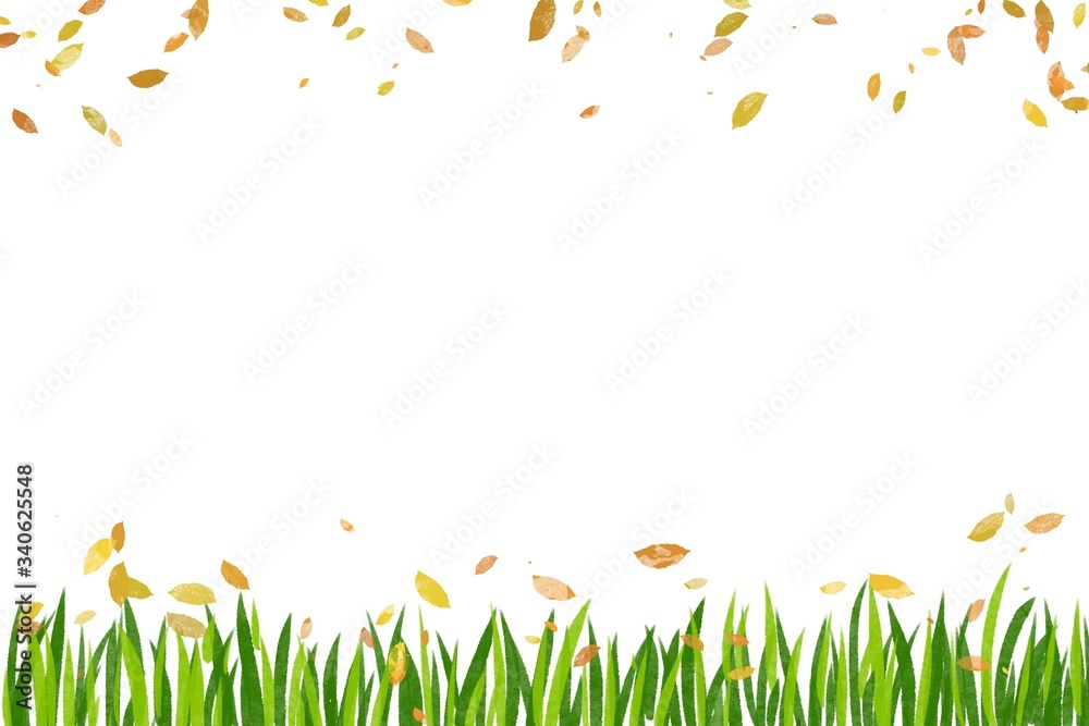 绘制绿色树叶和草地。边框空间在白色背景上隔离。