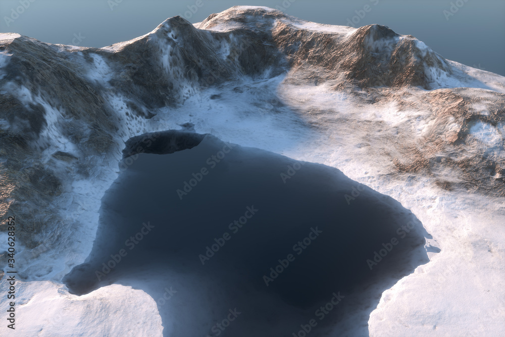 雪山和湖泊，自然背景，三维渲染。