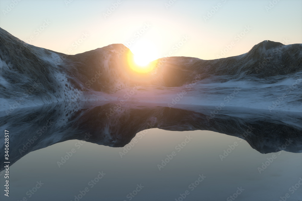 雪山和湖泊，自然背景，3d渲染。