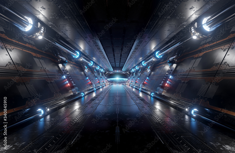 Blue and red futuristic spaceship interior with window view on planet Earth 3d rendering
