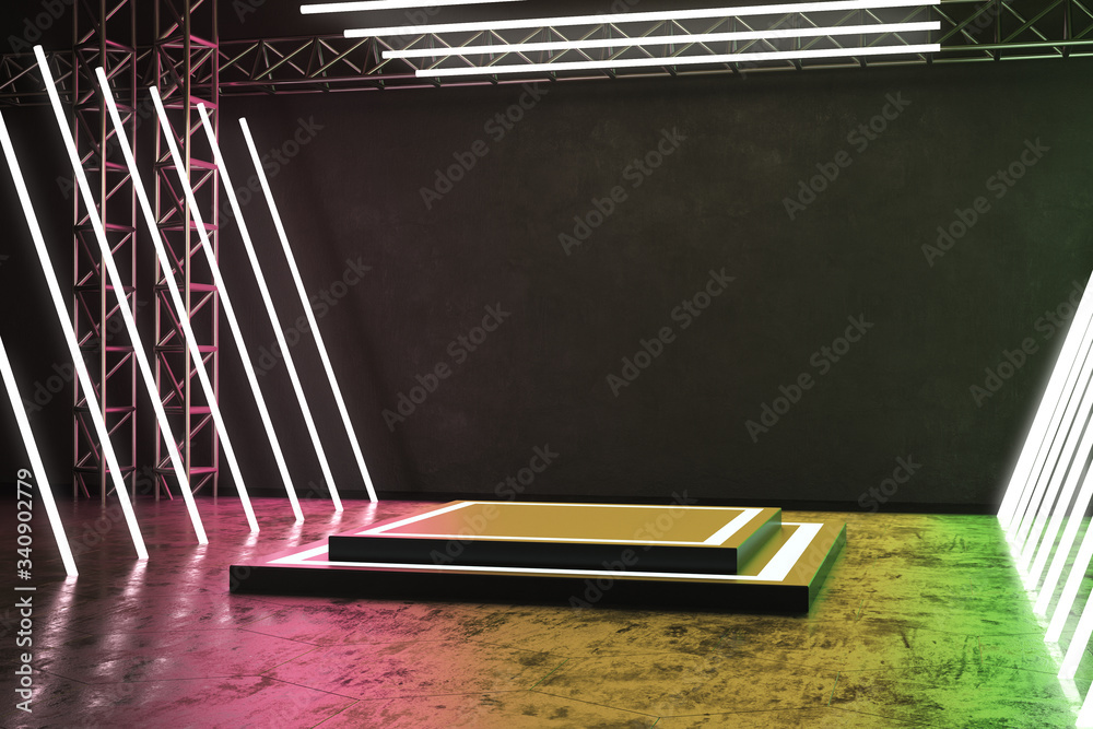 带发光矩形走廊和讲台的彩色室内。