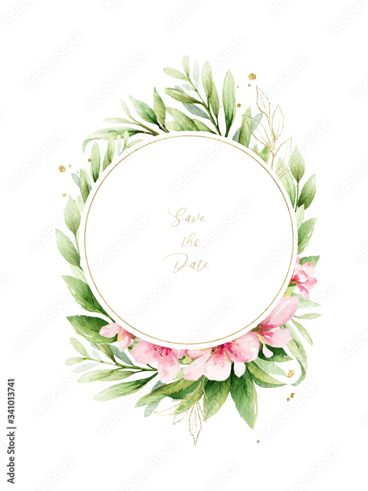 Watercolor vector wreath of pink flowers and green leaves.
