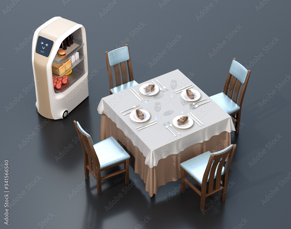 送餐机器人停在餐桌旁。无接触服务理念。3D渲染图像。