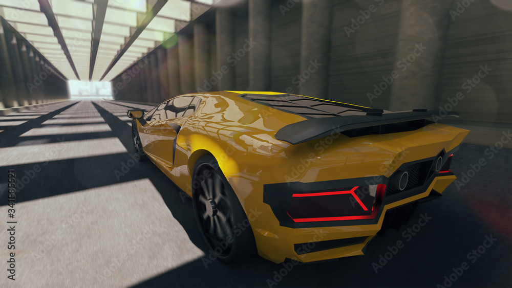Yellow sport car. Render 3d. Illustration.