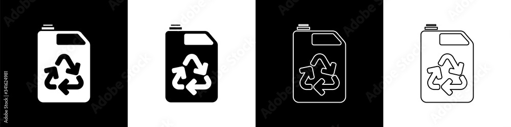将环保燃料罐图标隔离在黑白背景上。环保生物和桶。绿色环境