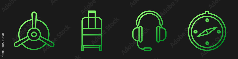 Set line Headphones with microphone, Plane propeller, Suitcase and Compass. Gradient color icons. Ve