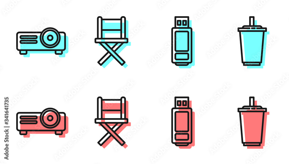 Set line USB flash drive, Movie, film, media projector, Director movie chair and Paper glass with wa