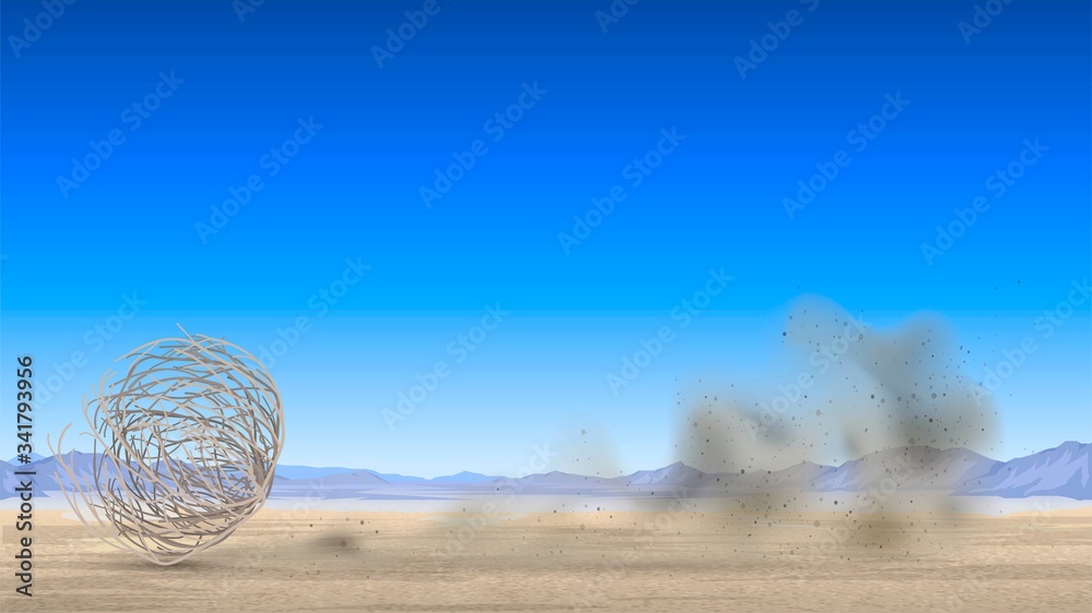 翻滚的杂草在沙漠中翻滚，尘土飞扬，干旱的景观