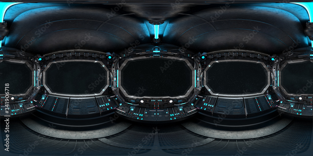 黑暗飞船内部的高分辨率HDRI全景图。360全景反射映射