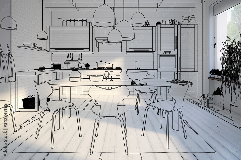 带餐厅集成的现代厨房区域（图纸）-三维可视化