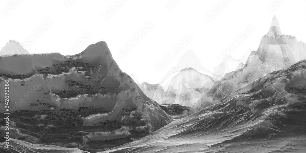 中国山水水墨风格，3d渲染。