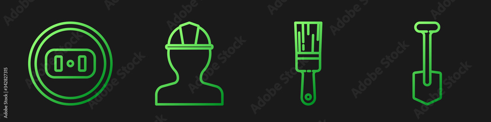 Set line Paint brush, Electrical outlet, Worker safety helmet and Shovel. Gradient color icons. Vect
