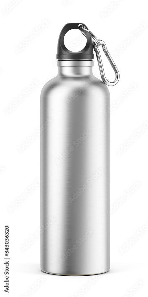 白色背景上隔离的带金属焦糖钩的银色空光泽金属保温水瓶