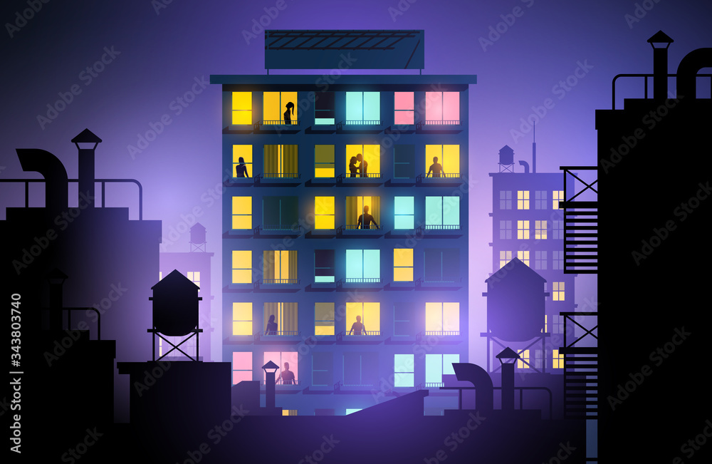 人们在城市公寓楼里从窗户向外看。夜晚的城市生活方式。矢量插图
