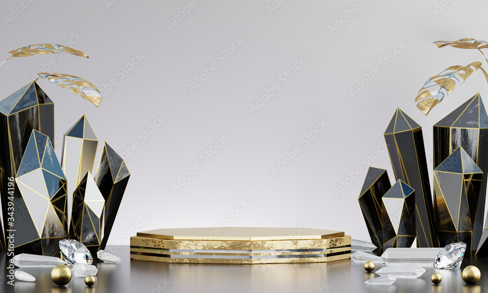 抽象金色豪华舞台平台，黑色水晶，用于广告产品展示，3d效果图